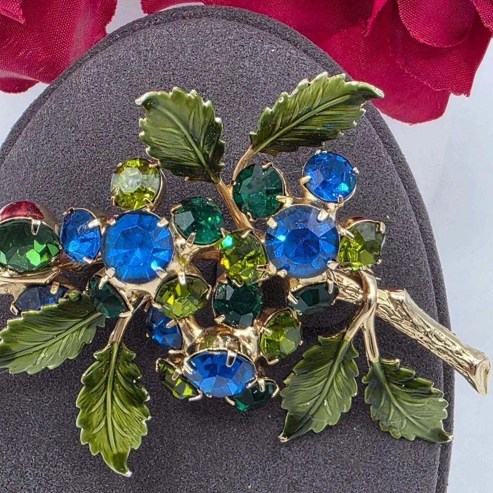 Hobe Enamel‎ Crystal Leaf Brooch Blue Green Gem Rhinestone Statement Pin Vintage